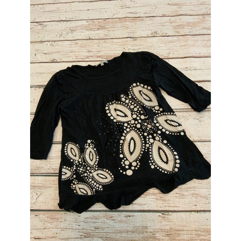 Vintage Suzie Black Graphic Print Ruffle Hem Tunic Top 3/4 Sleeve Retro Y2K LG